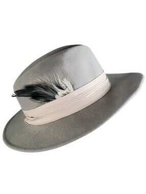 Lancaster Mens Wool Wide Brim Felt Fedora Hat in Light Gray Feathers Cream Band